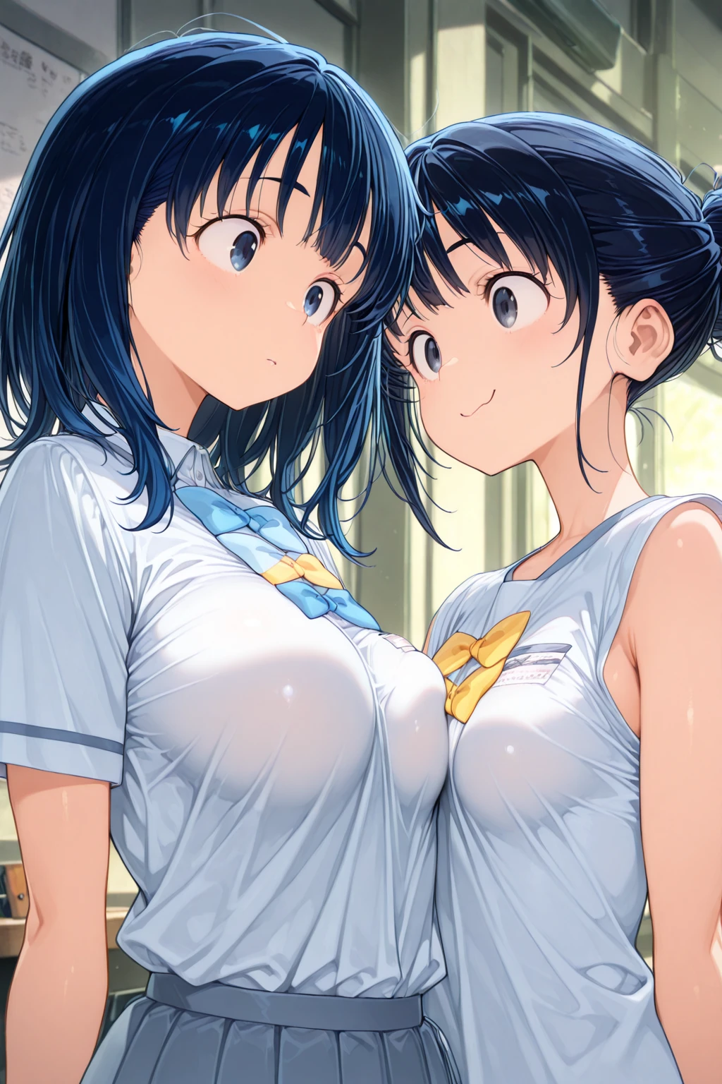 (masutepiece, Best Quality, High resolution:1.5, anime colours, megami magazine:1.2, anime poster style, anime keyvisual, sharp, 8k, photorealistic), (beautiful detailed eyes:1.5, beautiful detailed face:1.2), madoka ayukawa, 1girl, blush, (black hair, Long Hair), (sagging large breasts), (nude, nipples), (cowboy shot), (Perfect detailed Anatomy, beautiful detailed hair, beautiful detailed body:1.2, shiny skin), (thick outline, Beautiful outlines, black outlines), simple background