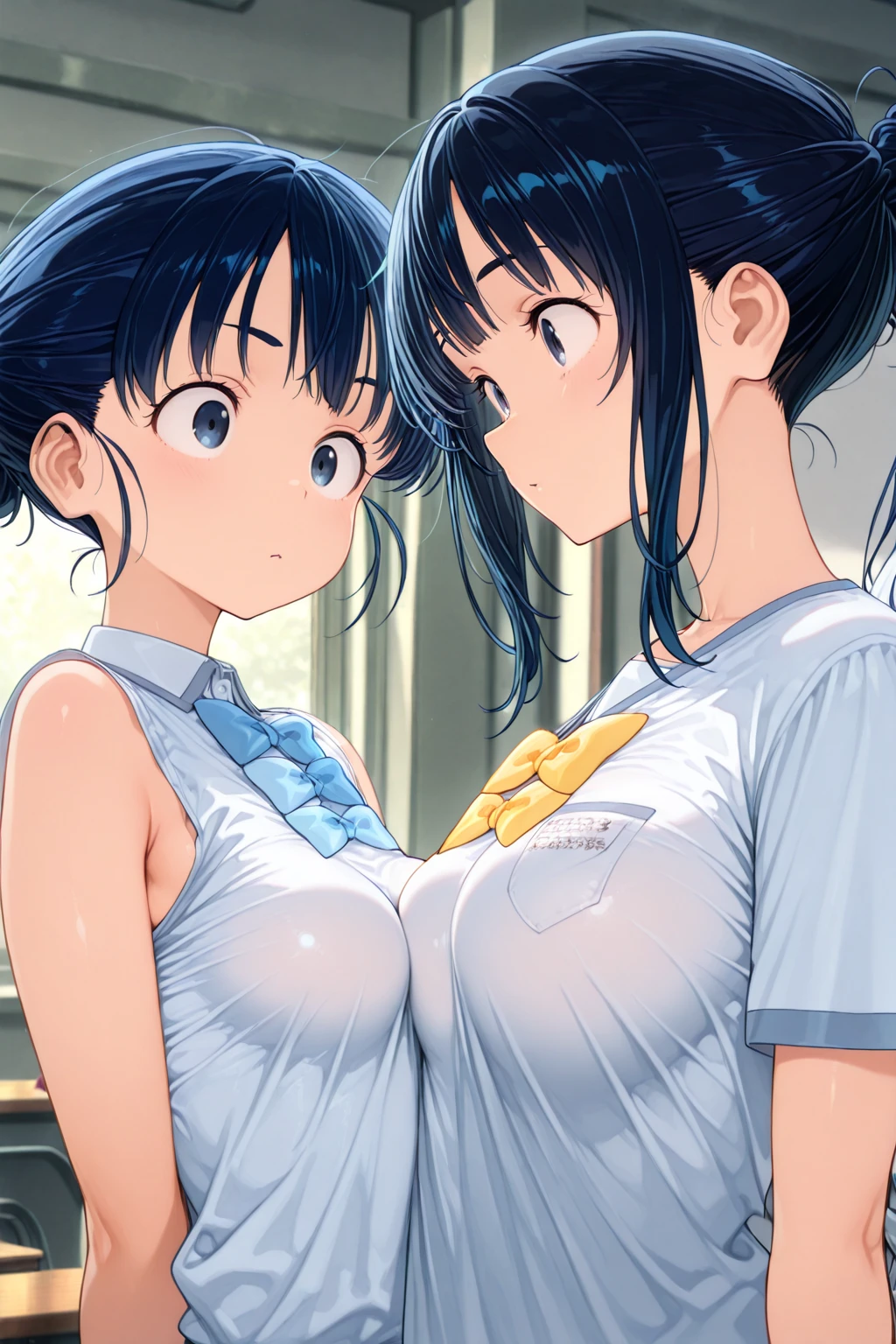 gesugaoでtitfuckをするsasaki kanna, Yellow Tank Top, underboob, Sweat, Black hair twin tails, Guess face, smile, crazy Smile, 勝ち誇ったsmile, Pushing her big breasts together