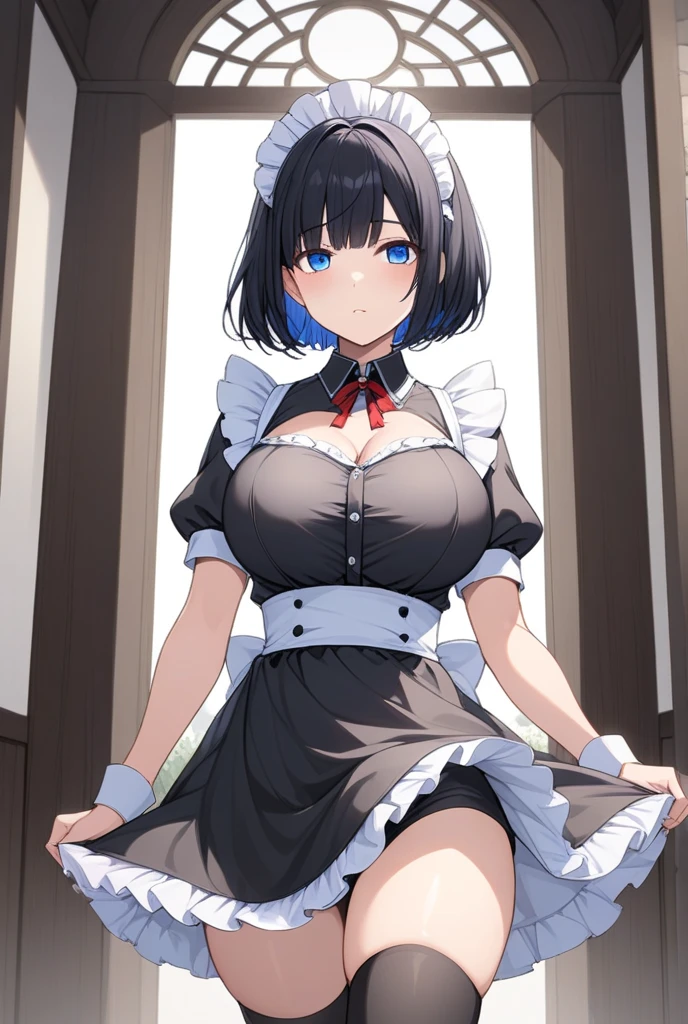 Main piece、high quality、High resolution、1 girl,single, Ruka Sarashina、jewelry、skirt、Maid uniform that exposes the breasts、Japan maid café、Woman with black hair、short hair、black hair、black pantyhose, Blue eyes, long sleeve, blue hair band, bangs, big full breast, cleavage, Medium waist, medium hips, wide thighs, Cowboy photos, smile, fascinating, embarrassing, blush、lots of people, looking at the viewer,From above、high angle,very big breasts、cleavage、Well good、no panties、no panties、Very short skirt、nipple、Serve nipple、Milk spurts out of nipple、Milk drips from nipple、whole body、whole photo、put one's chest on a tray、put one's chest on a tray,Nipples、Exposing the breasts、show pussy、Spread your legs