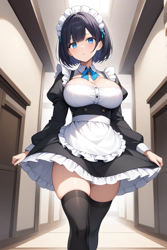 1girl,black hair,light blue eyes,blackdress,big breast,maidapron,(White mob cap),puffy_sleeves,maid_apron, belt,thighhighs,masterpiece, best quality, very aesthetic, absurdres,lift