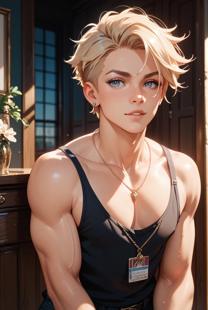 Bra Top, blonde guy, Jewelry, Ring, Blonde hair, Solo, Red heart symbol, earrings, Red Eyes, Looking at the viewer, Red Nails, Short hair, Undercut, A smile, One Boy, Necklace, Open mouth, Male Focus, Jersey pants, Navel, Choker, off shoulders