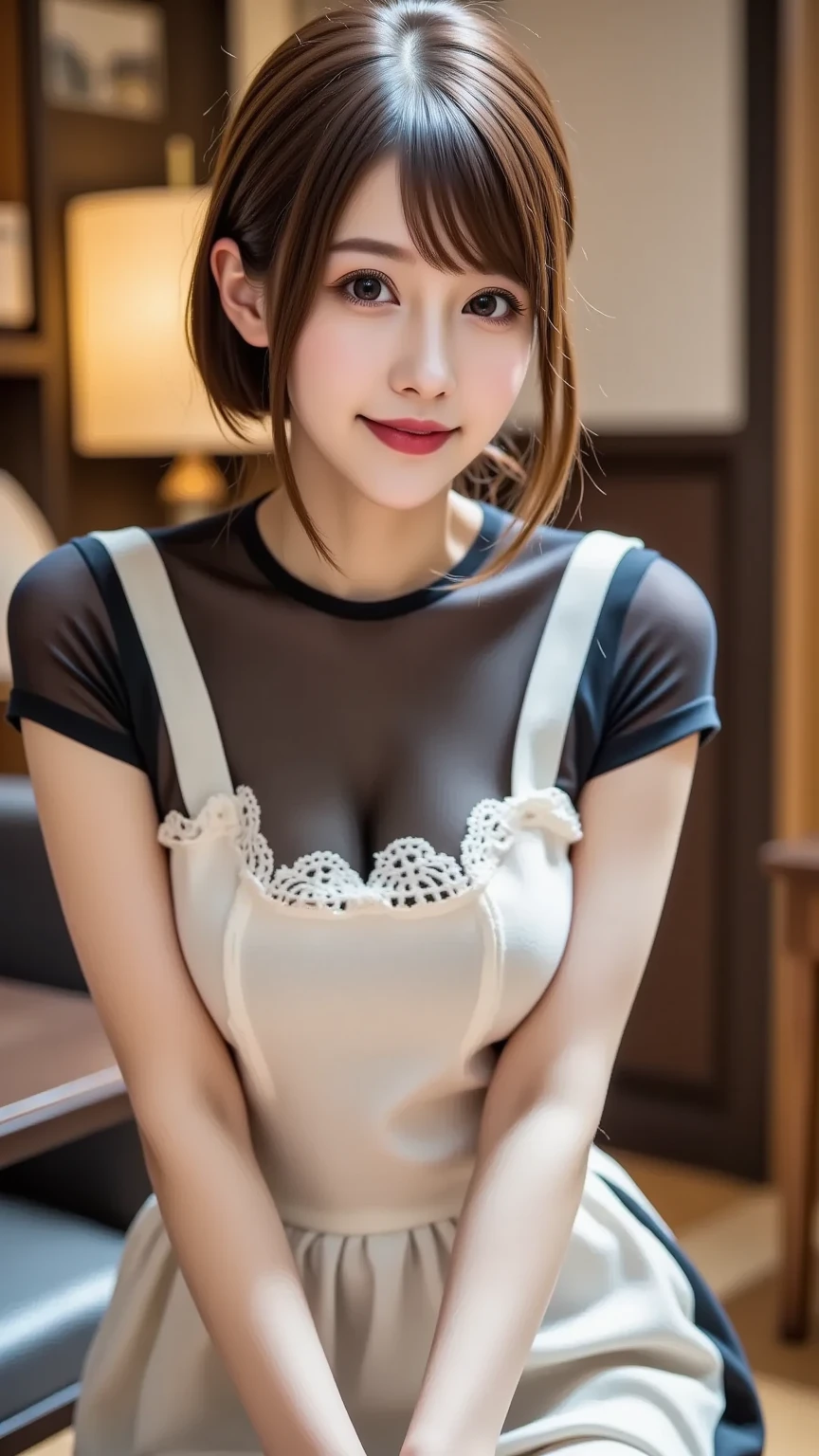 1 girl, in school, big breasts, beautiful body, pretty face, medium long hair, cleavage, red lips, smiling face, red ribbon, black boots, boyish, pantyhose, panties, one-piece dress, miniskirt, secretary make-up, open mouth, seductive gaze