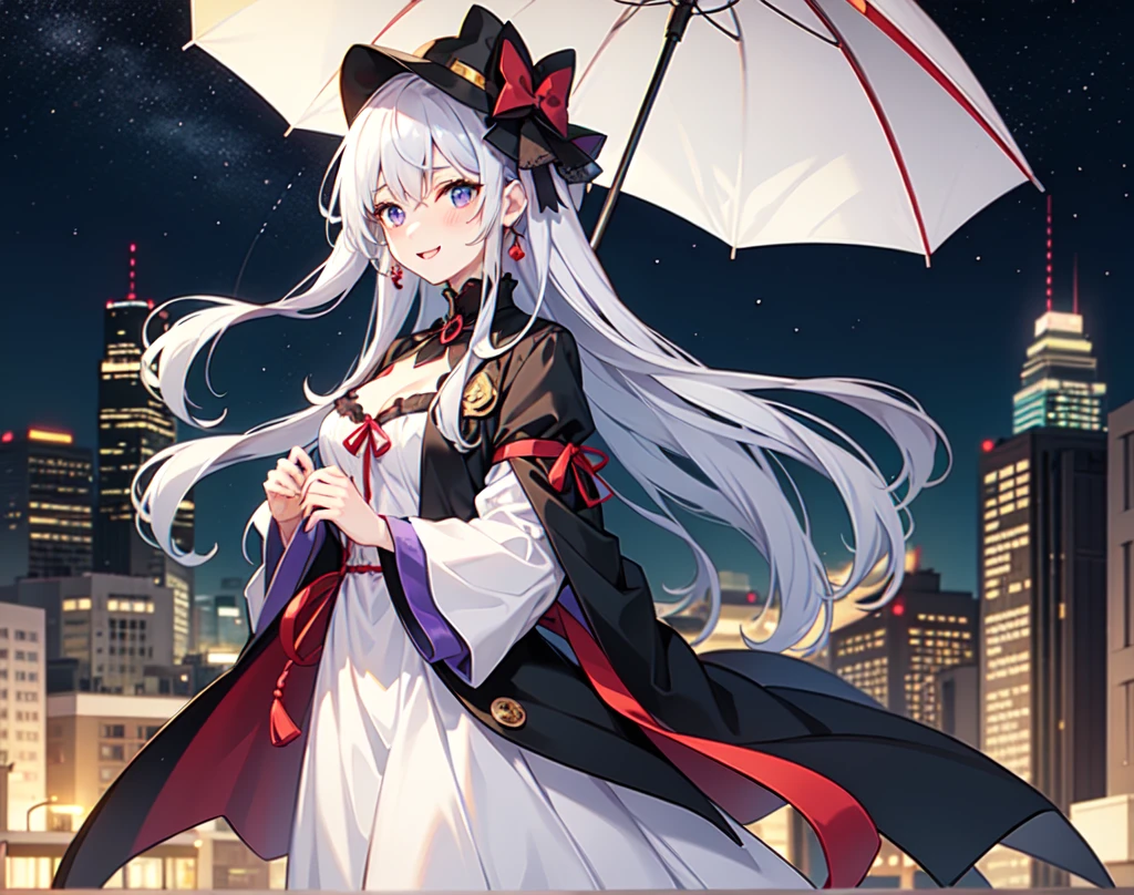 In the rainy playground, The girl smashed the umbrella over her head., In his other hand he was holding an umbrella, blue denim leggings, Masterpiece Best Night Moon Full Moon 1 Woman Mature Woman, Chinese Sisters、Royal sisters、Cold Face、A woman with long silvery white hair、Pale pink lips、Calm and intelligent three-striped gray elementary school student、Assassin、lanthanum、lanthanum、flower、Ball background、Walking city scene, Long Hair Shawl,