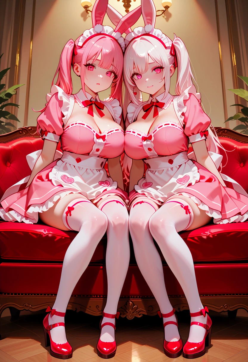 ((Sister and younger sister))，A woman with big ，Long hair，Both of them are wearing Sexy Cheeky Dress，pink and light blue，Garter stockings，living room，(nsfw:0.8)，