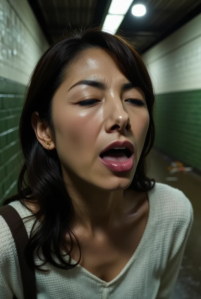 Beautiful Japanese actresses、1 girl,flying debris,,Award-winning photo, Very detailed,Face Focus, Big double eyes(Woman with open mouth and closed eyes ), Age 35、Black Hair、Shiny skin、(((Face close-up)))、Realistic nostrils、Long and narrow nasal cavity,,,、Emergency stairs in an apartment, Staircase landing,((Outdoor fire escape staircase,))Squat、((Random color open cardigan))、Big Breasts、(Sharp Nose)Frowning performance:1.4,,performance,Frowning,please raise your head、Skin shiny with sweat,Oily facial skin,Tied Hair,Squatting and giving a blowjob,female teacher,Squatting in the hallway、Squat、50 degree hot room、Skin shiny with sweat、Wet transparent fabric,Sweaty all over my face,A face enduring intense pain、Screaming face,Open your mouth wide and shout,