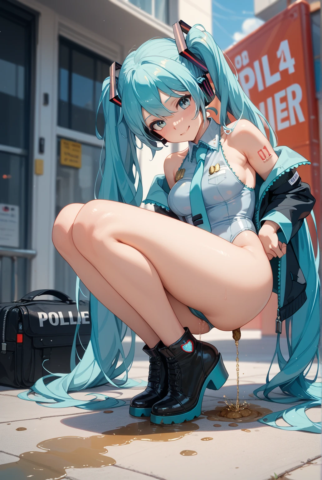NSFW,  miku hatsune,  high-level image quality,  Park at night,  Traveling gear,  swing play,  barechested,  red blush,  Girl trembling with sexual climax,  legs up,  Sitting,  Sweat,  (((latex)))