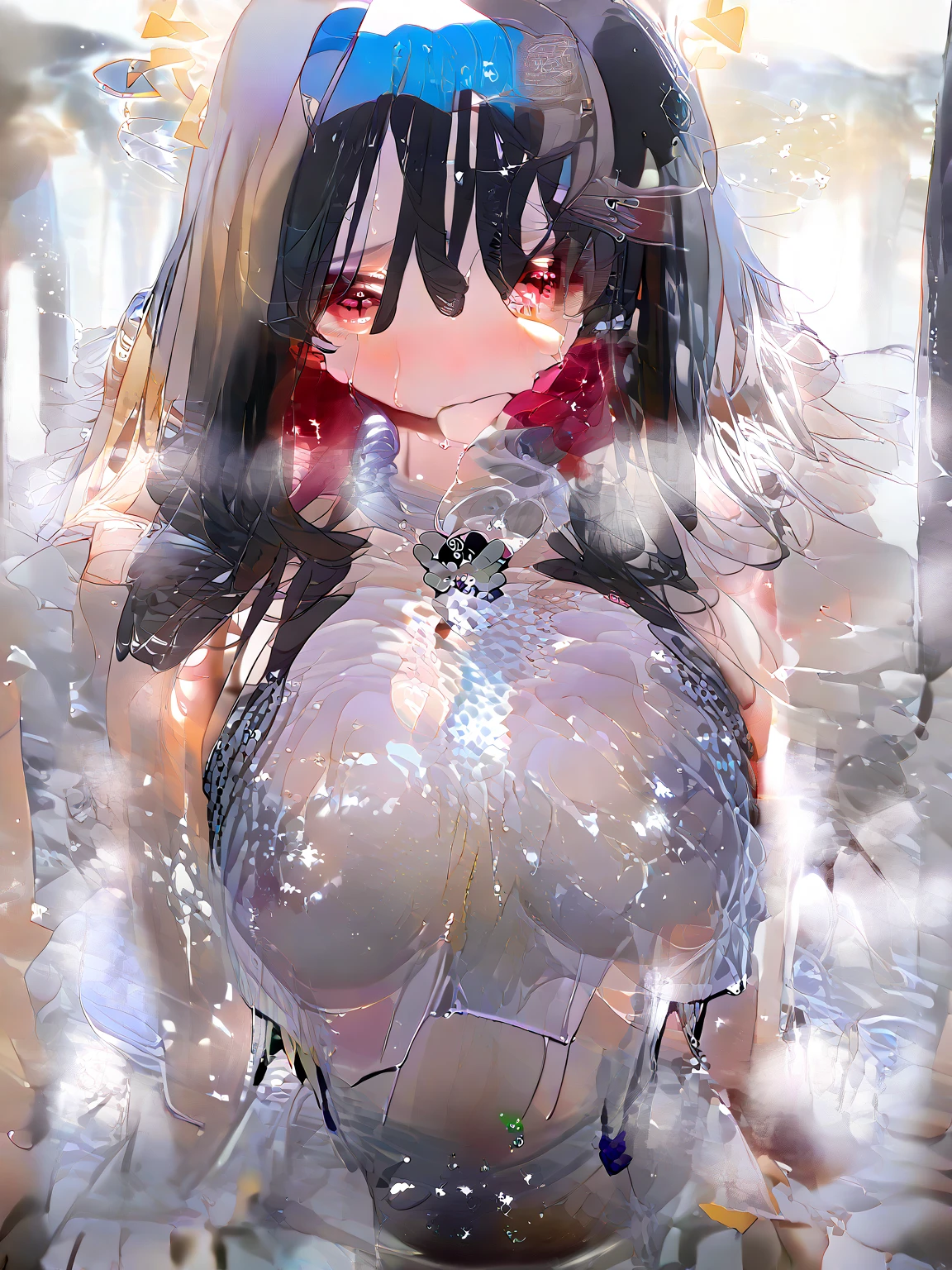(sex:1.3)、(penis:1.3)、bedroom、nsfw、(cum on hair:1.3)、(cum on breast:1.3)、(cum in pussy:1.3)、(cum facial:1.3)、cum in mouth、(cum on body:1.3)、excessive cum、double handjob、fellatio、projectile cum、open mouth、embarrassed、trembling、red eyes、see through、masterpiece,best quality,beautiful face、young woman、red tie、black hair、off shoulder、exposed breasts、maid、thighhigh、blunt bangs、bob cut、busty、nipples
