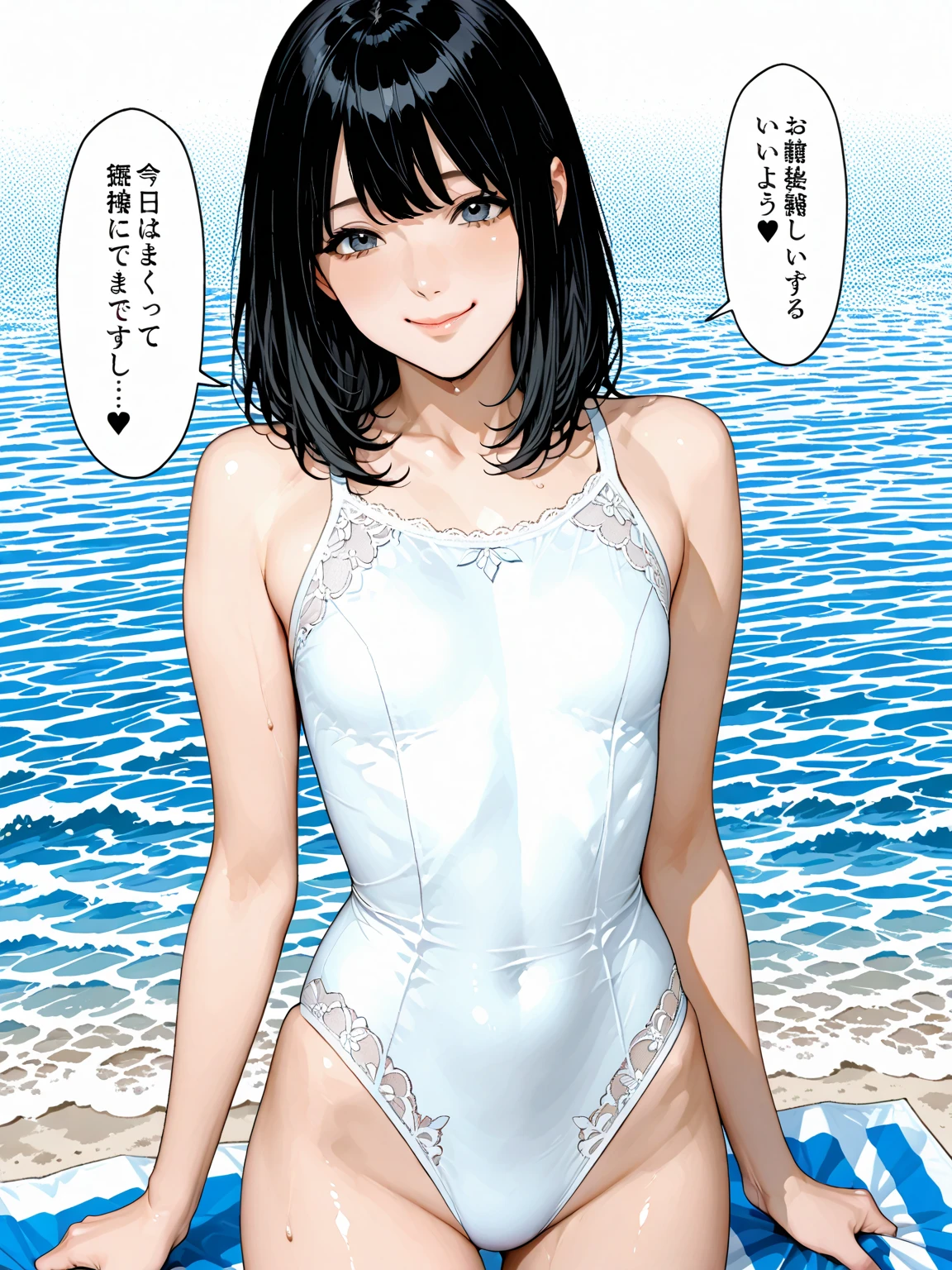 、(masterpiece、Highest quality)、Highest quality, Ultra-high resolution, (((masterpiece))), alone, Sweat、Big eyes, Composition from the front、Shortcuts、Embarrassed face、Bronze colored hair、Cut your hair short、Ocean、beach、Black Micro Bikini、belly button、short hair、(Bronze colored hair)