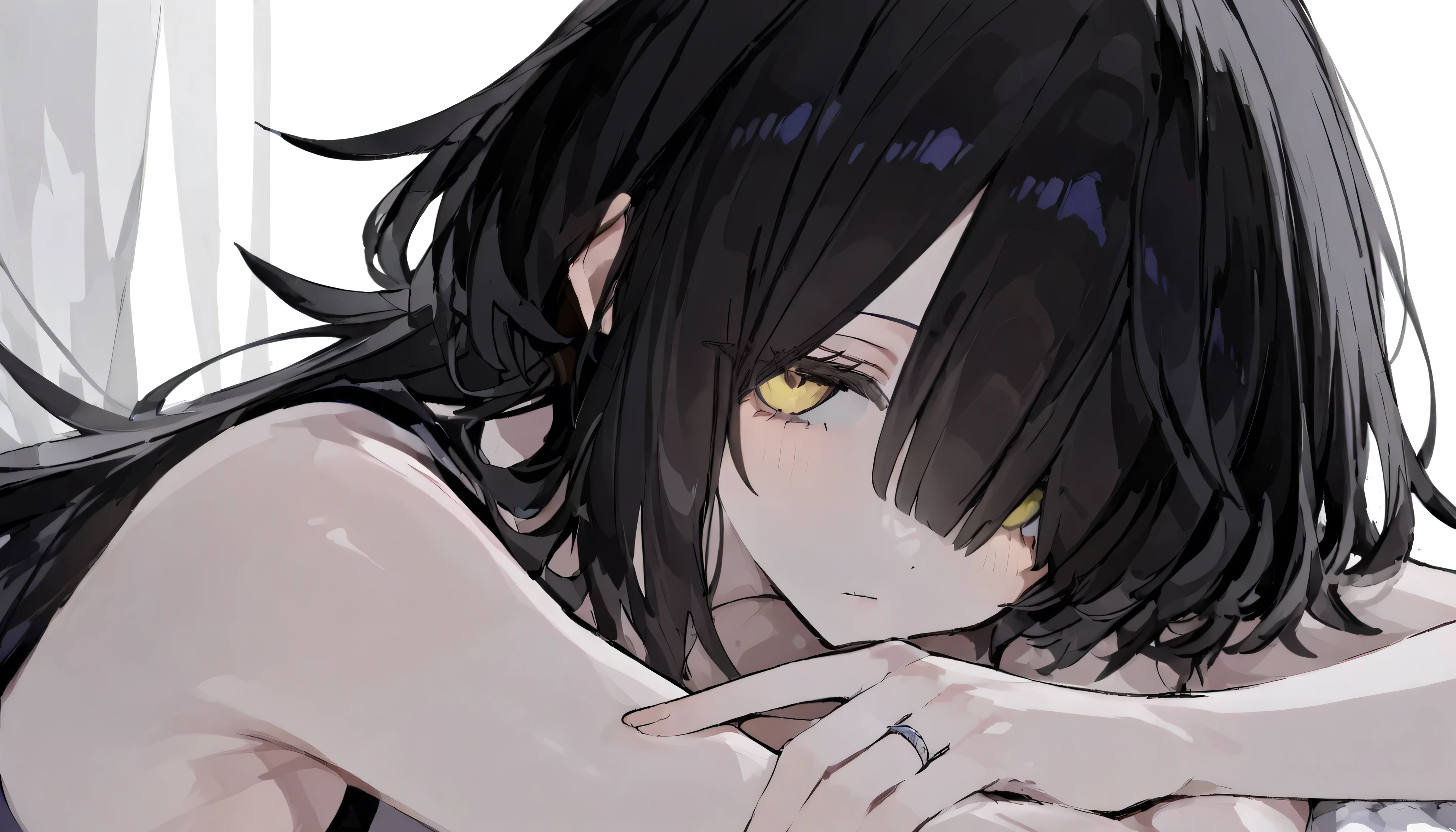 super fine illustration,748cmstyle,1girl,hair over one eyes,black hair,yellow eyes,