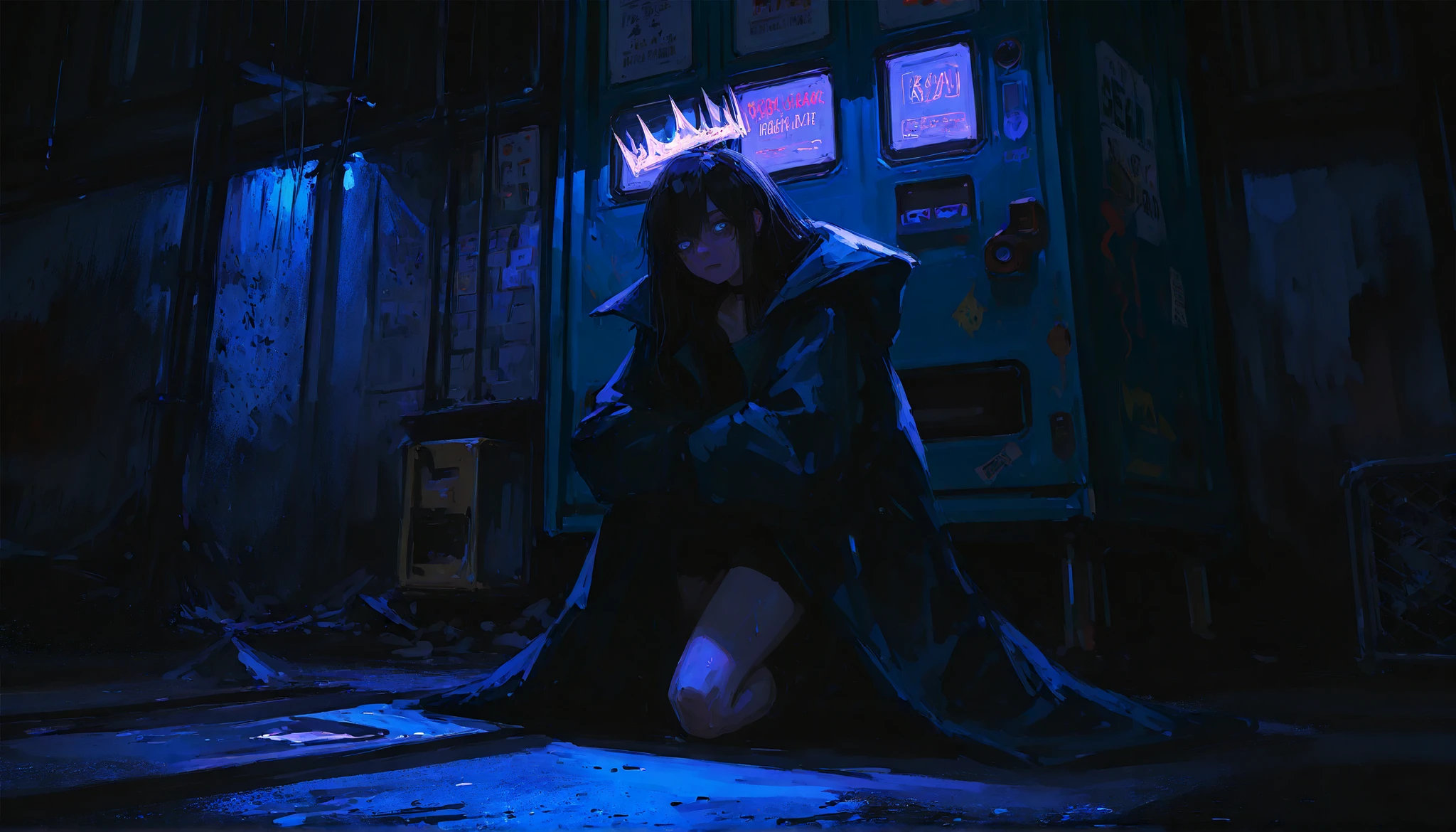 (1girl:1.3), no cat features, human, normal ears, realistic physique, black hair, long hair soaked by rain, red glowing spiral pupils, pale skin, glowing detailed eyes, intense facial expression — firm, furious, tired of it all. She wears a dark oversized coat falling off her shoulders, soaked and heavy, revealing her collarbones and upper arms. Underneath, punk-inspired, tight clothing shows her legs with bold yet tasteful style — rebellious but never vulgar.
Her pose is distant and grounded — kneeling alone, further back in the frame, full body visible. Elbows resting on her knees, hands relaxed. Her head is slightly turned toward the camera, her eyes locked onto the viewer with a fierce, unyielding expression. No seduction, no sadness — only pure **rage and power** held in silence.
A **spectral purple crown** floats above her, flickering like a cursed flame. Her body is surrounded by a **burning violet aura** (1.6), pulsing with mystical energy. Around her, **shadowy specters** rise from the alley — humanoid wraiths with flickering purple-blue eyes, glitching like digital ghosts. Some crouch. Others loom behind like dark guardians.
She kneels **in the center of a narrow cyberpunk alley in Tokyo**, with the **path extending infinitely behind her**, creating deep perspective. **A massive rain puddle directly beneath her** reflects her entire figure, crown, aura, the specters, and **all the chaos above**. Rain falls heavily, bouncing off the wet surfaces.
The environment is violently alive — walls covered with **neon kanji signs**, **electric graffiti**, glitching digital billboards, **bright purple and green holographic text**, anime posters torn by the wind, broken vending machines leaking sparks, trash fires burning green-blue, and hanging wires flashing erratically.
Every surface — walls, puddles, and wet concrete — is flooded with **bright glowing reflections** of these elements. Floating digital embers and holographic particles swarm through the rain-soak