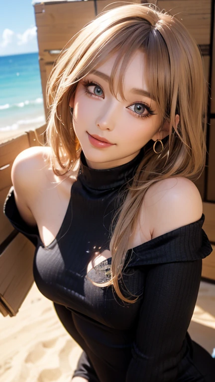 best quality, ultra high res, (photorealistic:1.4), a portrait of a girl, 1girl, looking at viewer, smiling, full body, makeup, ((wide angle)), , masterpiece, best quality, woman, clothes, earrings, rings, necklace, jewelry, on the beach, waves, sunny day , astrid, axe, furs, armor, <lora:httydAstrid_astrid15V1:0.4>, pureerosface_v1
