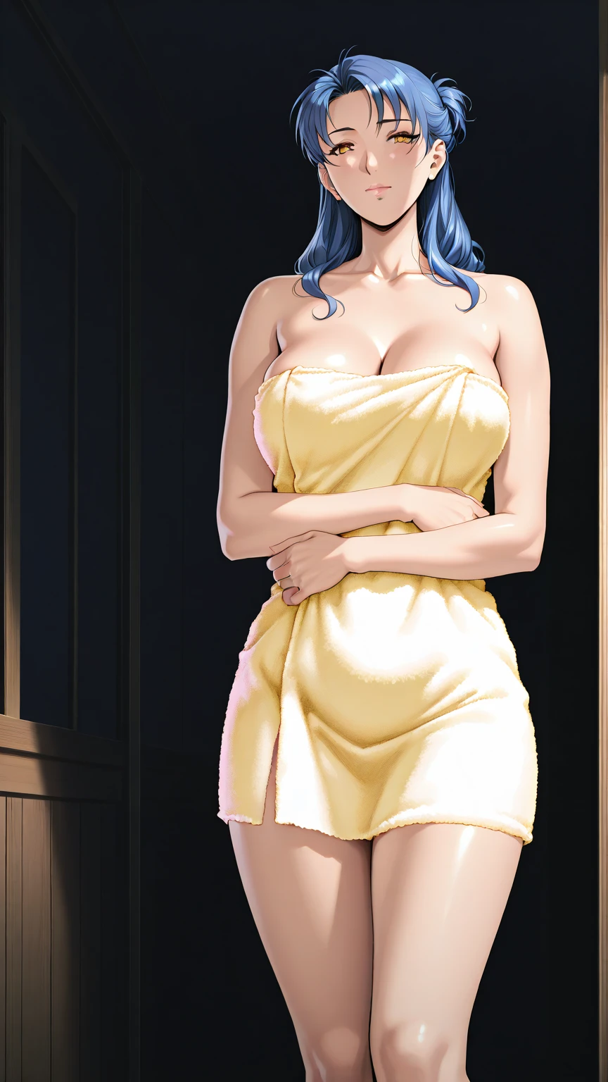 masterpiece, absurdres , (intricate details), (colorful),cinematic lighting, bust shot, extremely detailed CG unity 8k wallpaper, 1girl, Reiju, hair darker pink,complete Apron , with shoulder length hair,covering her right eye, curling upwards at the tips, nude, naked apron, kitchen, blush, looking at viewer, Reiju