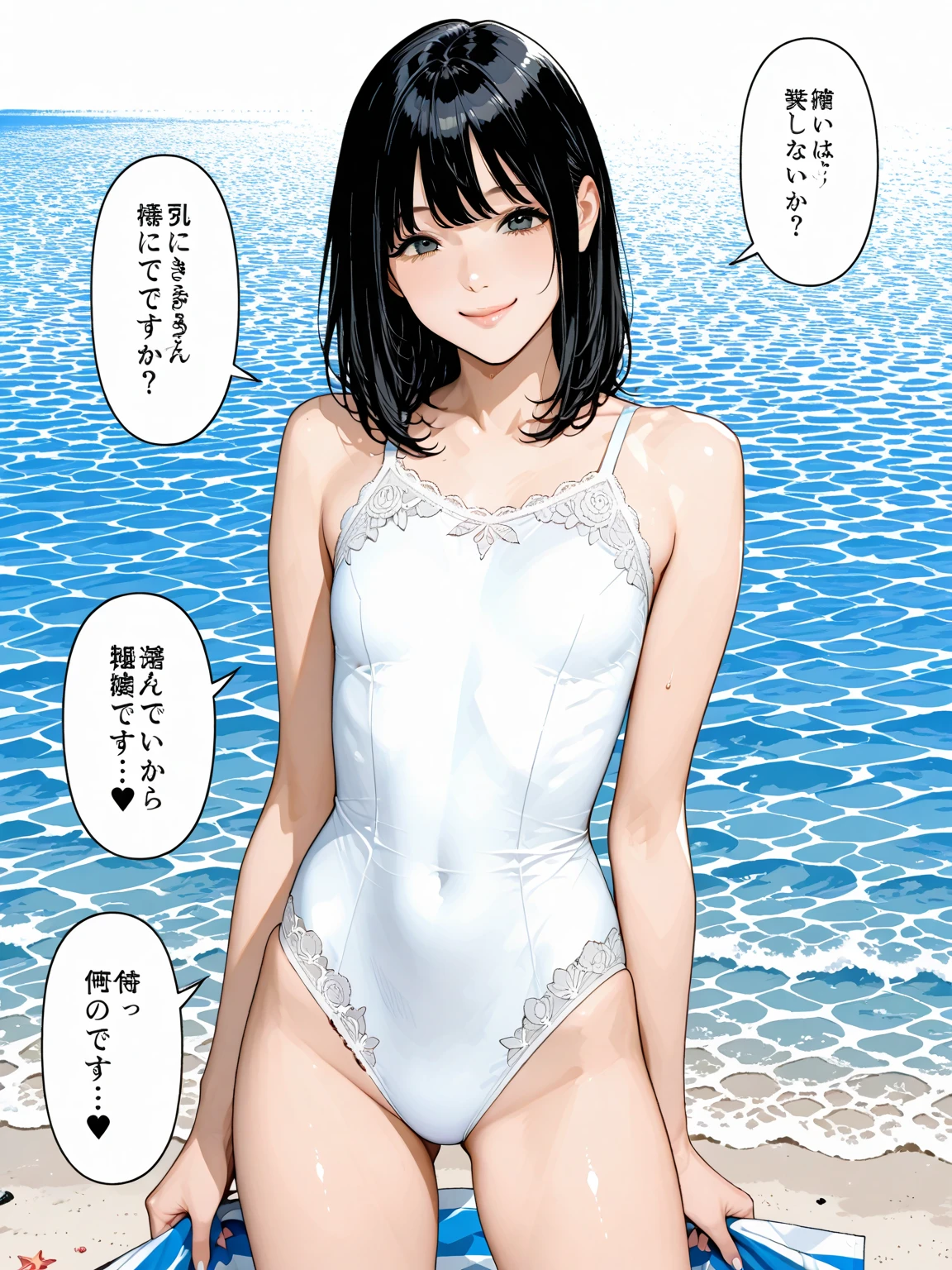、(masterpiece、Highest quality)、Highest quality, Ultra-high resolution, (((masterpiece))), alone, Sweat、Big eyes, Composition from the front、Shortcuts、Embarrassed face、Bronze colored hair、Cut your hair short、Ocean、beach、Black Micro Bikini、belly button、short hair、(Bronze colored hair)
