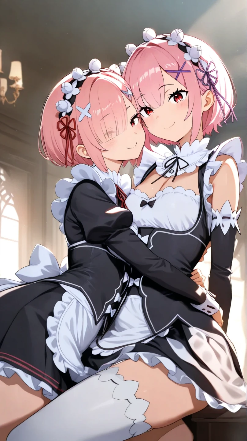 nsfw,((one man and one woman,having sex)),(supright straddl),hug,from side,linnie, bangs, (purple eyes:1.1), twintails, hair ribbon, pink hair, horns, black ribbon, demon horns,long sleeves, dress, ribbon, frills, puffy sleeves, black ribbon, juliet sleeves,Highest image quality,masterpiece
