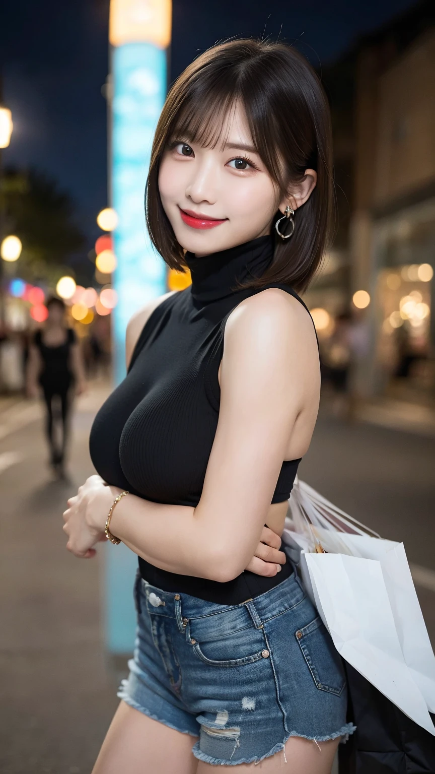 (Woman in high leg)、Wearing a huge diamond necklace、Straddling a brown YH motorcycle on a city street、posing for photo、very small chest、long legged、ighly detailed、(big warm smile)、(Golden hair bob cut)