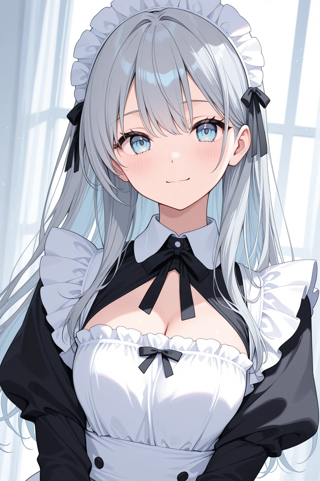 1girl, breasts, solo, heterochromia, green eyes, gloves, cleavage, long hair, black thighhighs, puffy short sleeves, rose, black dress, puffy sleeves, white gloves, black headwear, parted lips, mini hat, bangs, couch, frills, looking at viewer, on couch, holding, two side up, medium breasts, white hair, indoors, tilted headwear, twintails, blue flower, hand up, black bow, sitting, hair ornament, top hat, hair between eyes, blush, blue eyes,