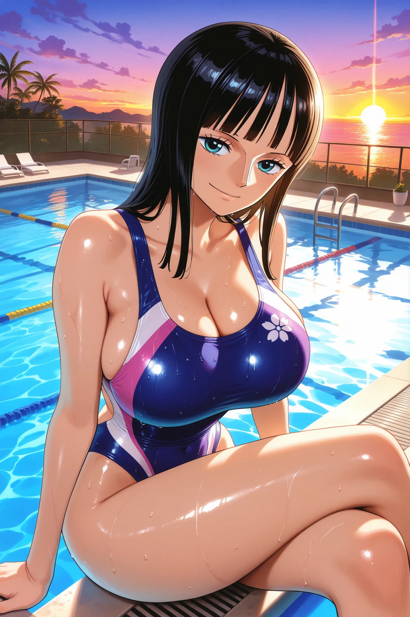 ((wrist set:2.0)),(Latex large enough to reflect your face:2.0),(One girl:1.5),(Under the chest:2.0),(Smiling Beam:1.5),((Huge breasts:1.5)),(Saggy Huge Breasts:1.5), ((Cleavage:2.0)),((Blue competitive swimsuit:2.0)),((High Leg:2.0), 20-year-old,masterpiece,super high quality, Very detailed,Perfect photo,3d,8K,High resolution,Enchanting anime girl, Medium Hair:1.3,Black Hair,(black eye:1.5),Sporty hairstyles,Smooth anime CG art,