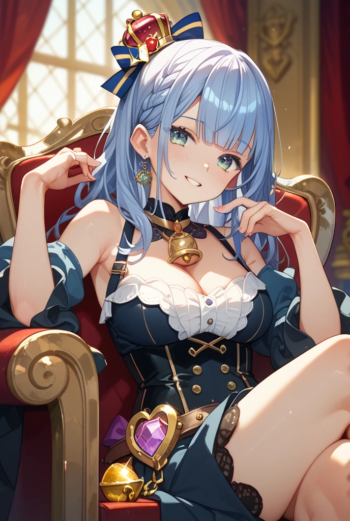 (masterpiece, best quality),best quality, best resolution, (ultra-detailed), (3heads:1.5), 1girl, (izayoi sakuya:1.3), masterpiece, best quality, dark blue top, crop top, ((stomach)), midriff, ((groin)), dark blue skirt, normal ears, shackles, grey hair, very long hair, wavy hair, sidelocks, blue eyes, parted lips, single horn, sweat, cute, toned belly, hand on own chest, eyelashes, (23 year old woman:1.3), (masterpiece:1.5), (best quality:1.5), (beautiful detailed), extremely detailed CG, extremely delicate and beautiful, depth of field, (finely detailed face), (perfect details:1.2), (mature female:1.3), wide pelvis, slender, large veiny breast, 8k resolution, high quality, high definition, extremely detailed, masterpiece, best quality, grey hair, long hair, alluring presence, braid, short skirt, close up, big tits, young, hair ribbon, maid headdress, side braid,
