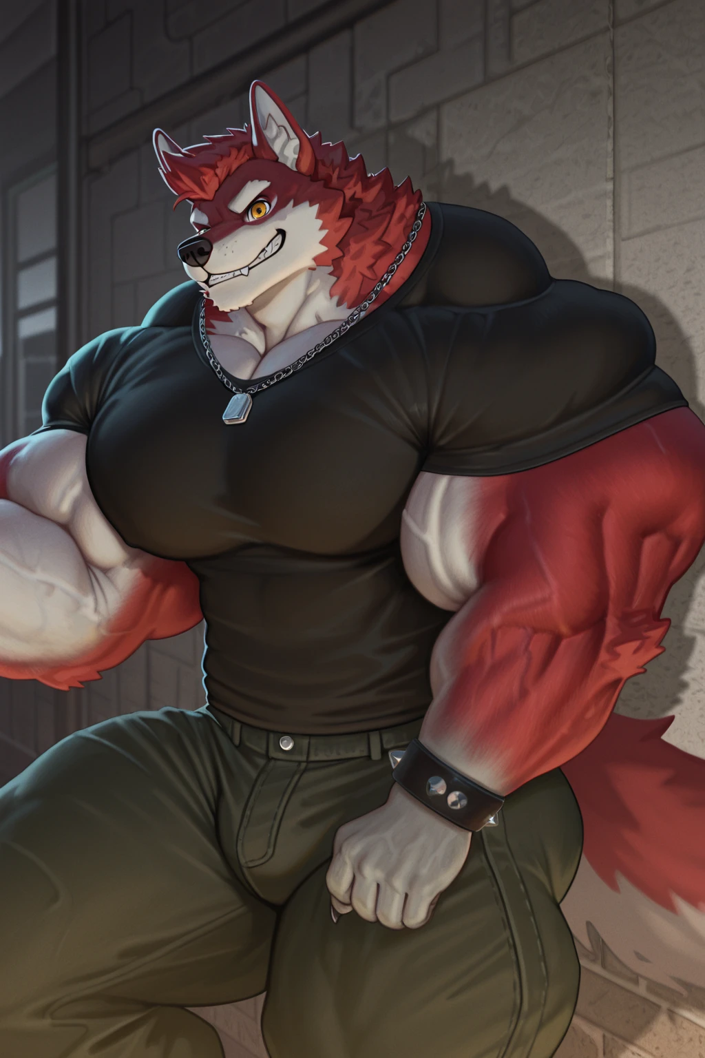 master part, best quality, in a bedroom, Detailed background, gray wolf, White fur, big pink, abs, hairy, Smile, perfect red eyes, wearing harness, black jockstrap, with big, thick penis out of jockstrap, threesome, head blowjob, sit on chair
