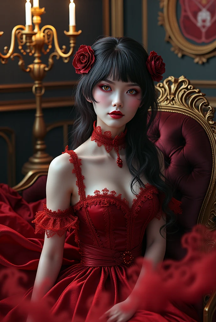 Red dress with red corset, long wavy black hair, red rose tiara red earrings and rings, almond eyes