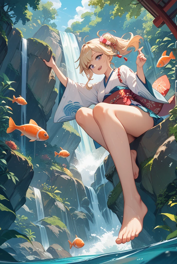 ((cinematic)), [masterpiece], potrait of fit blonde japanese girl, raising one hand, look at the sky, waterfall panorama with butterfly suround her, clear blue sky, twilight, sunset, light armor, katana, samurai, wet white cloth, kicking pose, one legs up