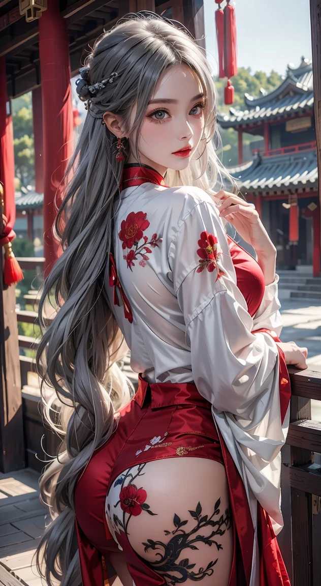 Masterpiece, Best Quality, Night, Full Moon, 1 Girl, Mature Woman, Chinese Style, Ancient China, Sister, Royal Sister, Cold expression, expressionless face, Silver white long haired woman, Blue eyes, Light pink lips, Beautiful teeth smile, Smiling, Open mouth,Calm, Intellectual, Three belts, Gray pupils, Assassin, Short knife, Flower ball background, Strolling in the street scenery