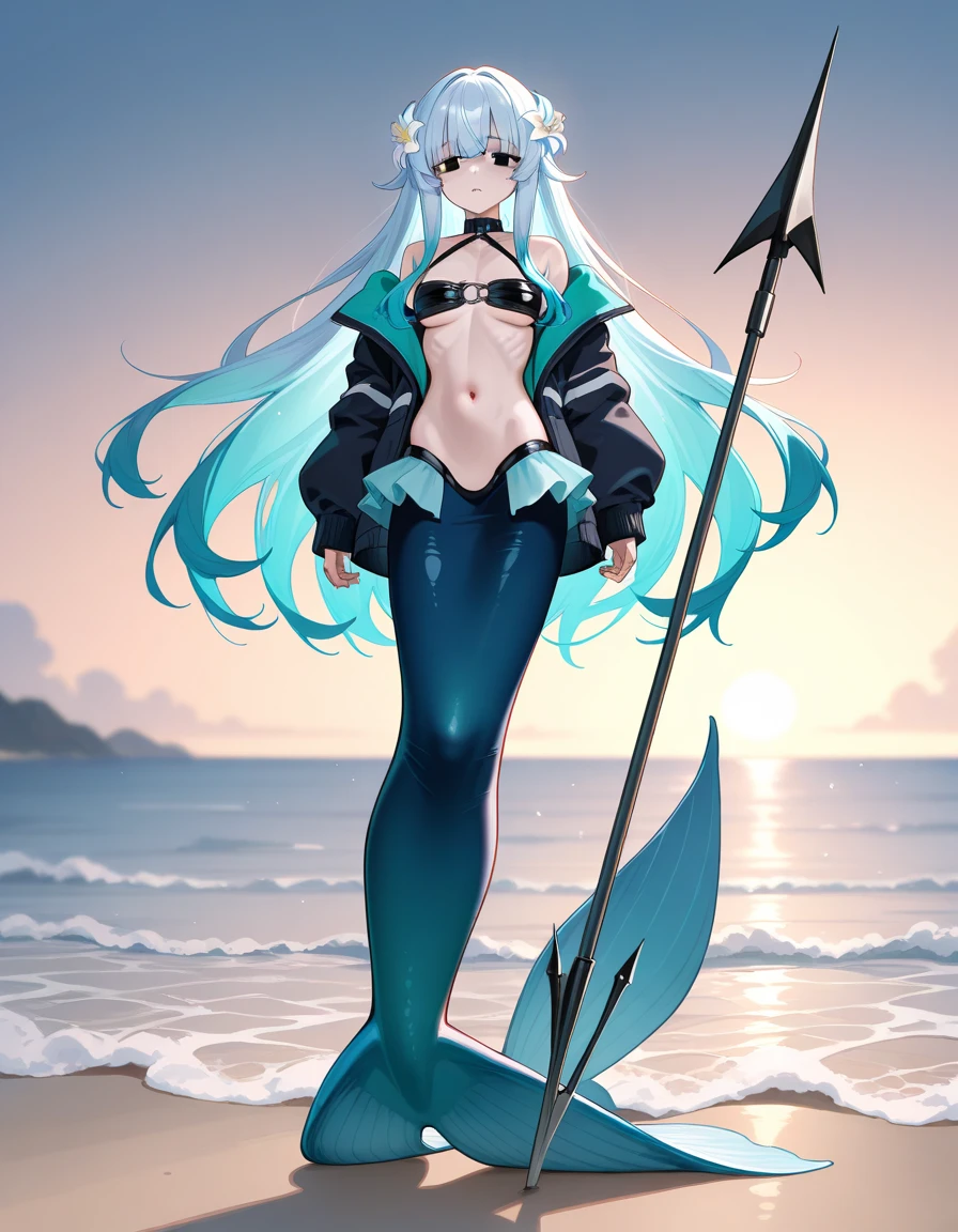 ((Masterpiece)), (Best quality), 1girl, :d, bare shoulders, black gloves, black hair, black sclera, blue eyes, breasts, colored sclera, colored skin, elbow gloves, fins, full body, gills, gloves, head fins, kneeless mermaid, looking at viewer, medium breasts, mermaid, mershark, monster girl, monsterification, multicolored hair, navel, open mouth, red hair, shark girl, sharp teeth, smile, solo, streaked hair, teeth, underwater, v-shaped eyebrows, very long hair, white hair, white skin, deutschland_azurlane