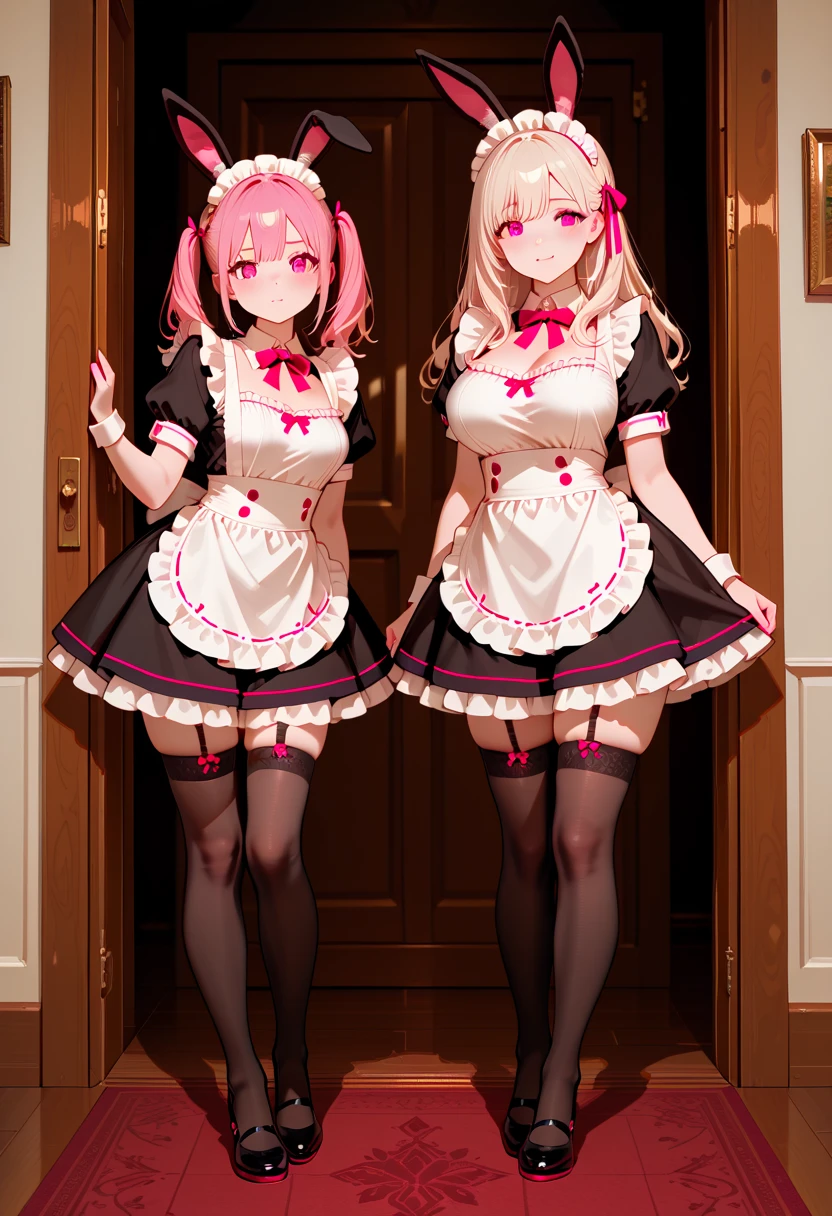 highest quality、masterpiece、((2 women:1.5))、((smile:1.3))、(blush:1.3)、Black Shirt、blouse、((fun!!))、(Small breasts)、(Blonde:1.3)、(long hair)、(Long sleeve)、((White apron:1.5))、((Maid))、((hair ornaments)),、Kamimei、look at me、 ((in house:1.5))、 Taking a break from watching the audience、Cowboy Shot、(Skirt lift:1.3),(Highly detailed pink striped panties:1.3)、(Highly detailed panties:1.3)、、(スカート that rolls up:1.3)、(Panties fully exposed:1.5)、Light blue eyes、long hair、Glowing Eyes