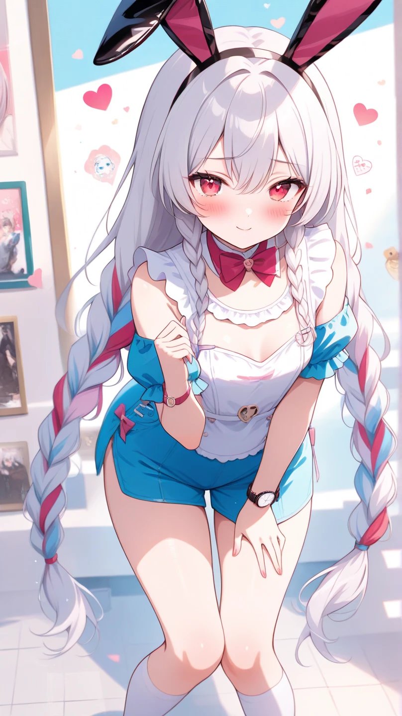 ((Masterpiece)), best quality, absurderes, ultra detailed, super beautiful girl with beautiful eyes, beautiful multicolored white hair, high ponytail, nice and sexy body, wearing a tight pink leotard and a black crop top with an anime drawing, beautiful hair ornament, full body, sexy pose, flirting with viewer, in a bedroom with a video game console and cute plushies