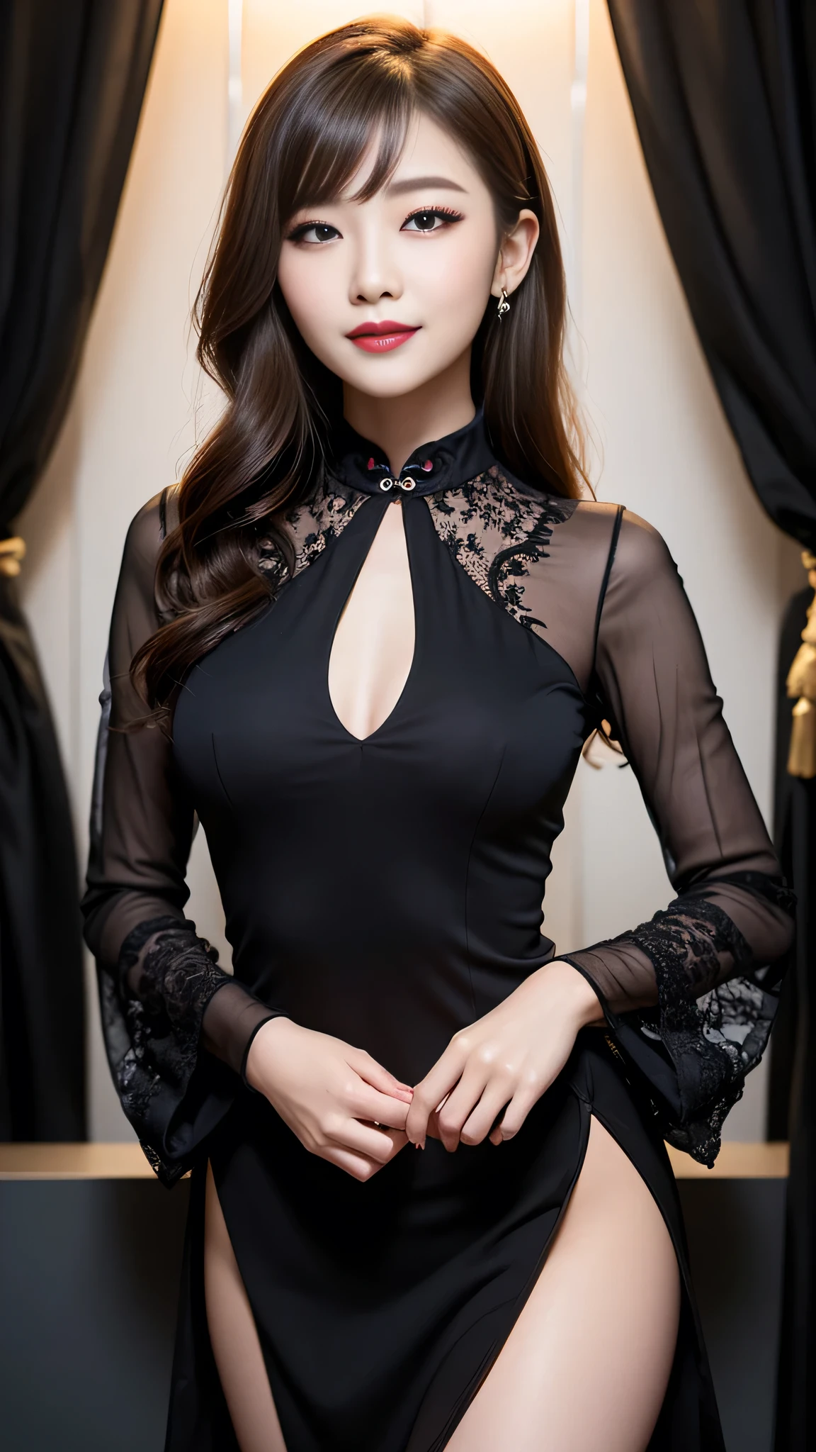 （Hyper Real）， （illustratio）， （A high resolution）， （8K）， （The is very detailed）， （Most Best Illustration）， （美丽细致的眼睛）， （best qualtiy）， （ultra - detailed）， （tmasterpiece）， （the wallpaper）， （详细的脸），Blackn clothes，Long cheongsam， 独奏， huge tit， The background is indoors，（camel-toe）