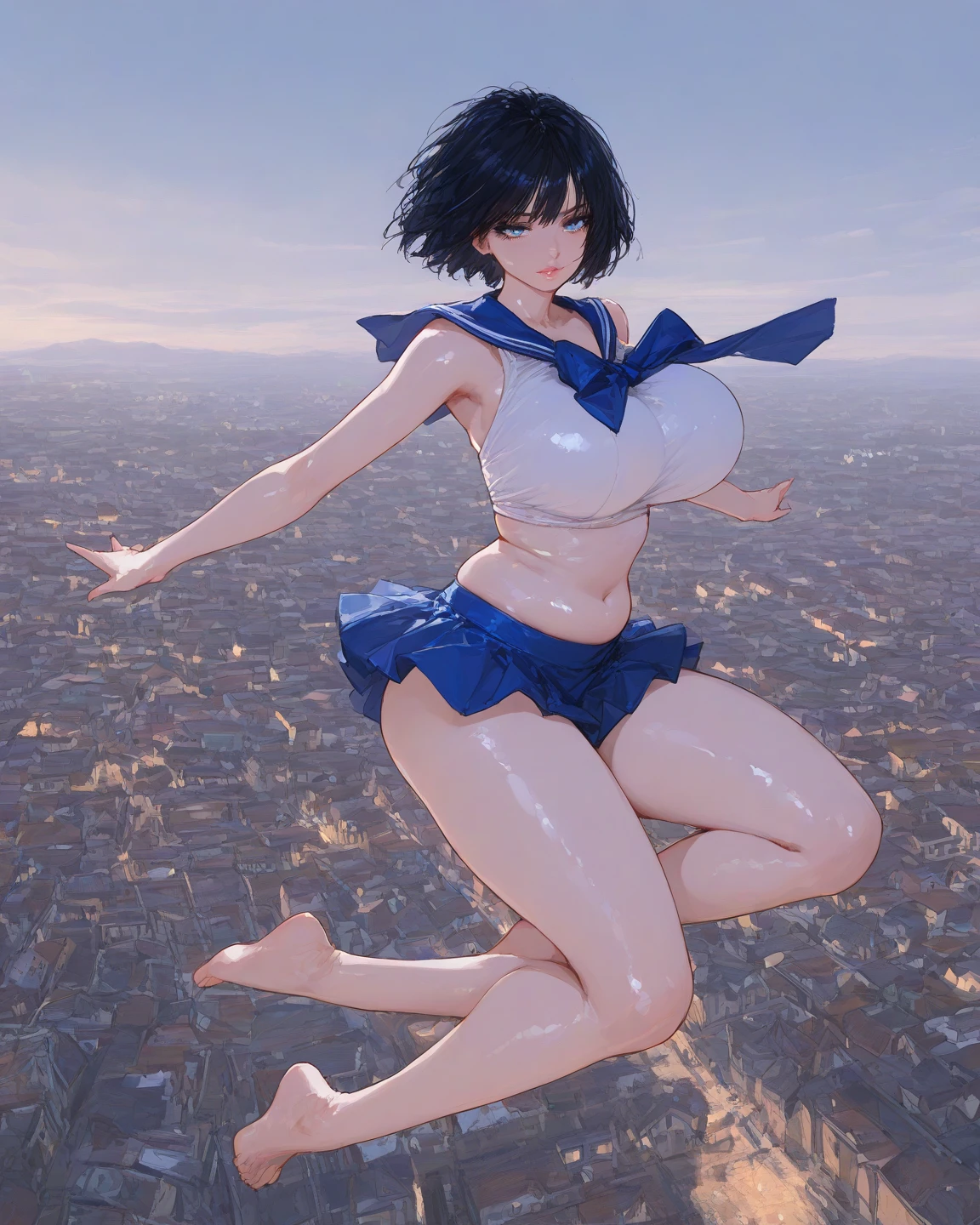 multiple girls, 3girls, standing, giantess art, highly detailed giantess shot, giantess, most detailed, perfect face, two legs, five fingers, short hair, beautiful girl bigger than a skyscraper, wearing rimless glasses, smiling, huge breasts, swimsuit, stiletto heels, under heavy attack, seaside metropolis, ocean, numerous miniature warships on the sea, very small metropolis, miniature metropolis, full body depiction, GTS, giga giantess, gigagts, trampling city, crush city, tiny city, micro city, high resolution, best quality, masterpiece,