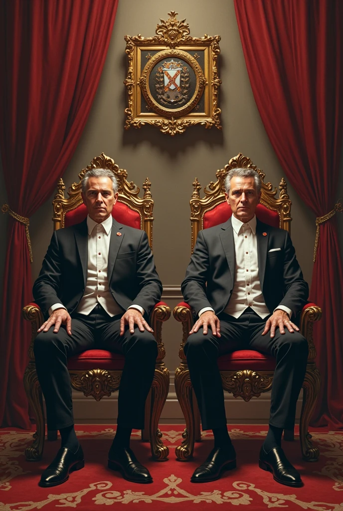 Two American Mafia men in suits，One of them was sitting on a chair with his legs crossed，Another one stood behind him，Centered on Mafia sitting on a chair，The background is a mafia high-end room, Biographical films, Promotional image, High quality photos, Art work, Wim Wenders, [ drama ], 2022 , [ Movie, author：Emma Andijewska, High-quality screenshots, author：Dan Frazier, 4k static, netflix, High-quality stills, a24 ，High quality face，Clear facial features