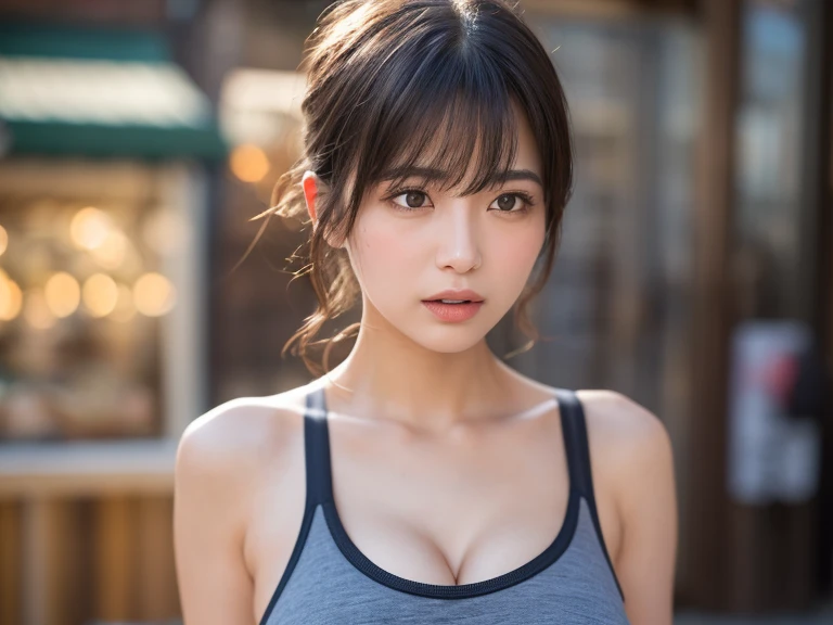 ((Highest quality, 8k, masterpiece: 1.3)), 1 girl, Plump figure: 1.3, (Random Hairstyles: 1.2), Oversized tank top: 1.2, Highly detailed face, Attention to detail, double eyelid, Underarm, Put your arms behind your head, Nipples are visible through the,