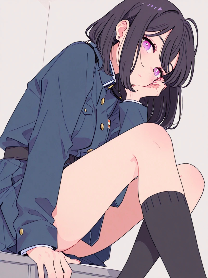 lilandavastyle, score_9, score_8_up, score_7_up, score_6_up, 1 girl, detailed facial features, small breasts, black hair, choker, bed room, full body shot, white button down shirt, pleated skirt, black boots, thigh high black socks, back pack on ground, open jacket, blazer, twin tails, outside, sunny morning, black panties around ankles, coy, bored, puffy pussy, wet pussy, shirt lift, black bra, horny, horny, camel toe, in heat, looking up at viewer, pov above, looking up, laying down, spread legs, spread eagle, laying on back, holding cell phone, selfie, pubic hair