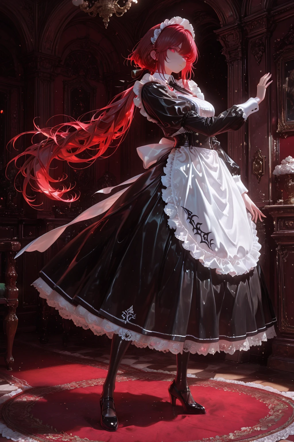 masterpiece, best quality, amazing quality, hyper-detailed, newest, very aesthetic, absurdres, highres, solo, commanding maid, elegant red hair, long low ponytail, flowing hair, intense gaze, sharp red eyes, confident posture, standing in regal pose, one arm slightly raised in subtle command, detailed lace-trimmed maid uniform, intricate maid outfit, ornate maid accessory, intricate costume design, luxurious indoor background, ornate Victorian mansion interior, elegant decor, cinematic composition, cinematic lighting, rich in colors, full body, graceful yet powerful,  bold presence, commanding style, dynamic pose, light glitters, ultra sharp, centered composition, smooth shading, soft glow, ambient soft lighting, glossy, bright, vibrant colors, perfect detailed face.