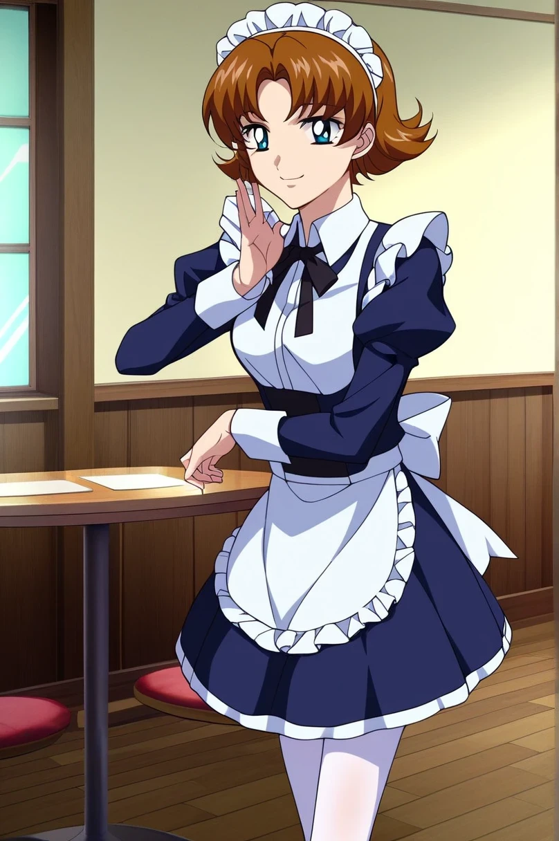 傑作、best quality、best image quality、best resolution、amazing quality、source anime、anime screencap、highres、absurdres、very aesthetic、ultra detailed、perfect details、1girl、<lora:Miriallia_Haw_Gundam_SEED_Pony:0.8>、miriallia、solo、brown hair、short hair、blue eyes、flipped hair、medium breasts、medium boobs、indoors、cafe、day、maid headdress、maid、black neck ribbon、black maid dress、white pantyhose、loafers、long sleeves、(aged up:1.2)、(cowboy shot)、looking at viewer、female focus、(pose:1.2)、smile、