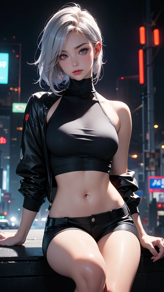 (masterpiece), Highest quality, Expressive eyes, Perfect Face, High resolution, One girl, alone, Gray Hair, Jacket, Ahoge, Fingerless gloves, abdomen, (Sheer panties), Crack, Put your hands on your hips, Leaning forward, smile, Fantasy Background, particle, magic, Are standing,Cowboy Shot, Looking at the audience, from the front,night, Abandoned city,
