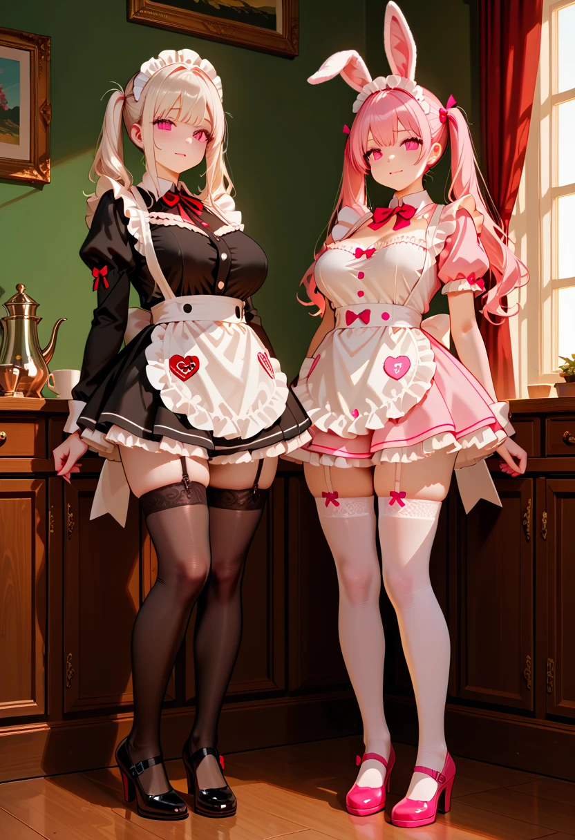 highest quality, masterpiece, ((2 girls:1.5)), ((smile:1.3)), (blush:1.3), Black Shirt, blouse, ((fun!!)), (Small breasts), Blonde, (Long sleeve), ((White apron:1.5)), ((Maid)), ((hair ornaments)), Kamimei, look at me, ((in house:1.5)), Taking a break from watching the audience, Cowboy Shot, (skirtlift:1.3), (Highly detailed pink striped panties:1.3), (Highly detailed panties:1.3), (skirt that rolls up:1.3), (Panties fully exposed:1.5), Light blue eyes, long hair, Glowing Eyes