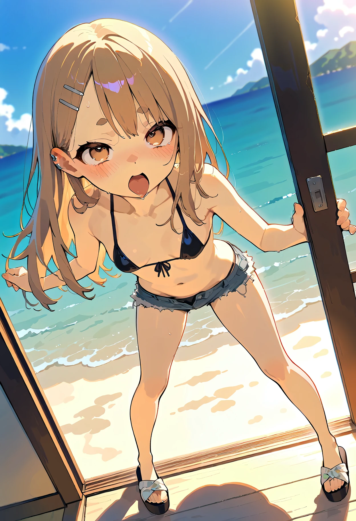 Aisaka Taiga, Aisaka Taiga, Long Hair, Brown Hair, Brown eyes,happy smile,smile, Open your mouth,White string bikini swimsuit,barefoot,Water Play,Wet swimsuit,Wet Hair,Wet Skin,whole bodyがイラストに入るように,　　　　　　　　　　　　  　　　　　break looking at viewer, whole body, (Cowboy Shot:1. 5)　　　　　
break outdoors,Beach,Ocean,
break (masterpiece:1.2), Highest quality, High resolution, unity 8k wallpaper, (shape:0.8), (Beautiful attention to detail:1.6), Highly detailed face, Perfect lighting, Highly detailed CG, (Perfect hands, Perfect Anatomy),