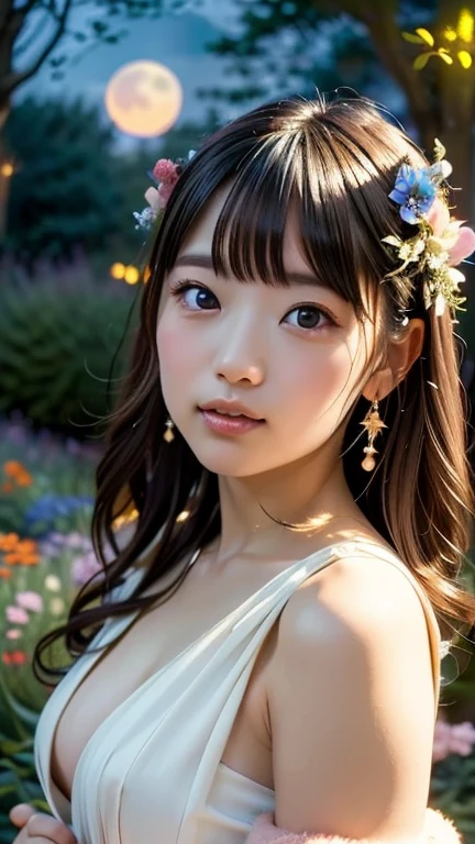masterpiece, highest quality, １６K,enlightenment, Sax Blue, platinum earrings, platinum necklace, white dress, 1 girl, cute, (dynamic lighting:1.2), cinematic lighting, delicate features, detailed eye, sharp pupils, realistic student, in the forest, Bokeh, sharp focus, (super detailed, bloom, shine:1.4), brown eyes、brown hair、she is a tree fairy、forest background、in the forest、headband、twin tails、