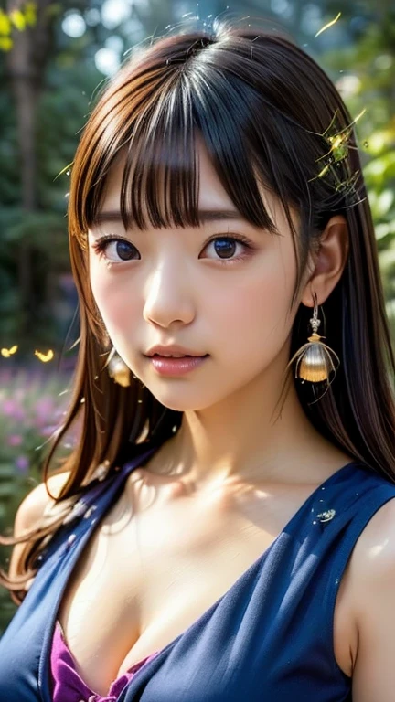Photorealistic、Doll standing in front of the painting(Nendoroid)、Laughter、Water drops on cheeks、In a cute pose、水彩Nendoroid、(High Resolution Figure)、Flowing iridescent silk、Close-up of face、Look up、Heart patterned contact lenses、Two hands holding a heart decorated with flowers、There are also flowers in front of the Nendoroids、petal、season!!: summer☀ 🍂