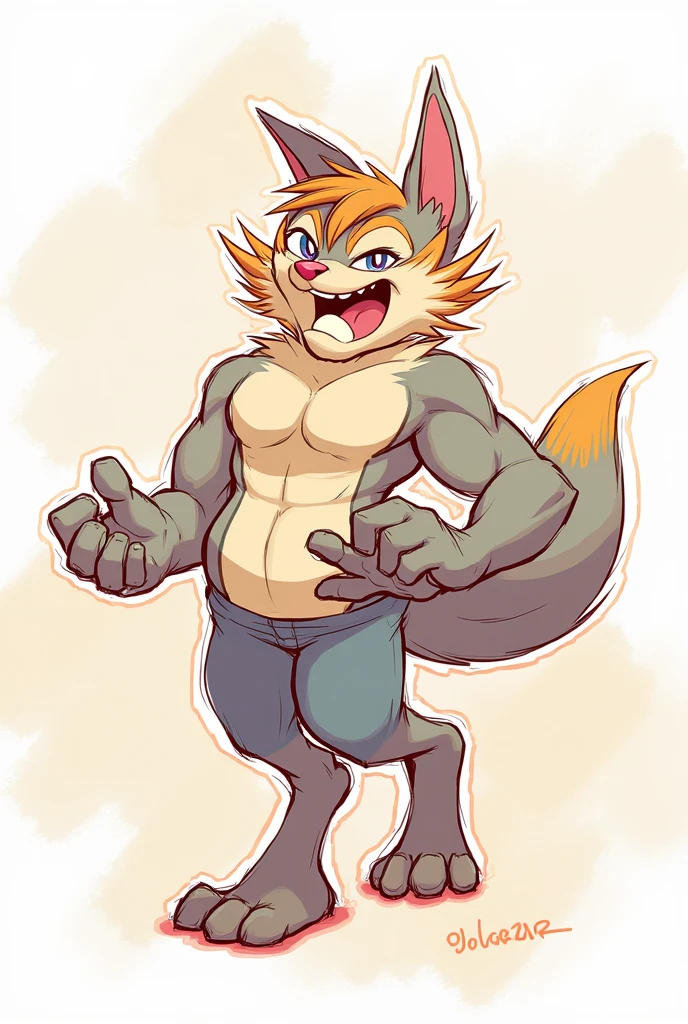 solo, male, tan color fur coyote, canine coyote, small twink body, topless, showing his penis and balls, (blue tight jeans, pull down, pants_down with brown cowboy boots), arm raise hand behind his head, showing his armpit, (Full Body Focus), head to foot, looking at the viewer, high detailed, masterpiece, dark green background, flat color, pen and ink style, author by: Meesh