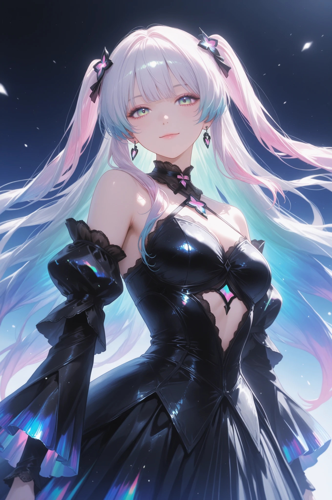 silber hair，butterflys，long whitr hair，8k wallpaper，detailedbackground，Highest high resolution，deep v big breasts，Hair covers one eye，Bandeau，chies，Purple roses，tight-fitting，