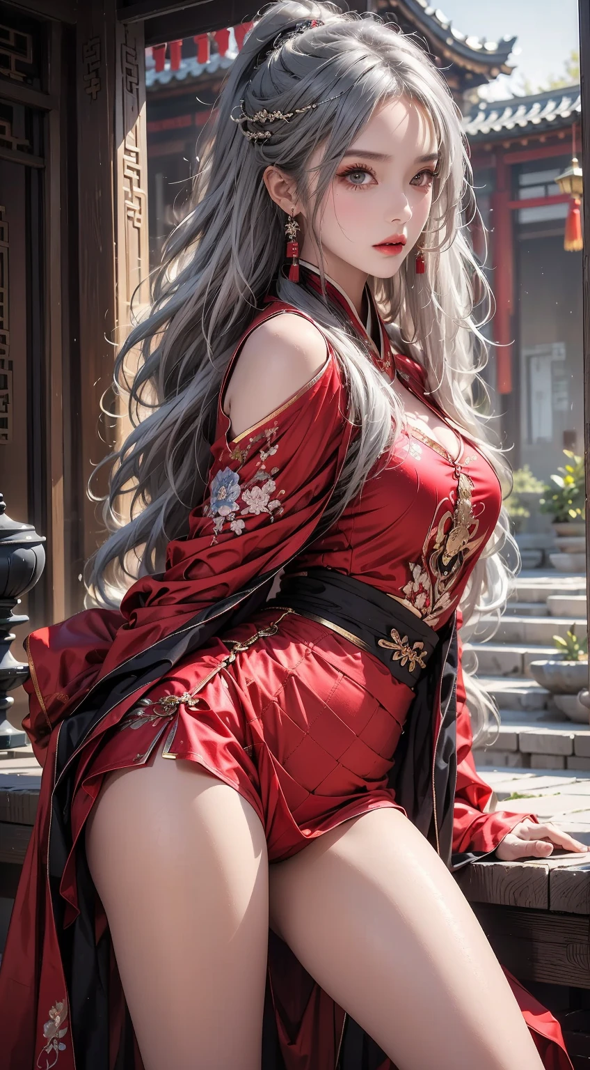 （Redcoat：1 silver-haired girl, Kneeling pose）， tmasterpiece， best qualtiy， RAW photogr， realisticlying， the face， Incredibly Ridiculous res， Beautiful elf beauty， ear studs，Get wet all over， (Long silver hair)， (Red wedding dress+)，Chinese silk long dress，(Red cloth shoes，Embroidered cloth shoes+)，depth of fields， A high resolution， ultra - detailed， filigree， RAWE is very detailed， very detailed eyes and faces， Sharp pupils， realistic pupil， tack sharp focus， cinmatic lighting，full bodyesbian，Bigboobs，long leges，From the front side，ancient Chinese town，Lanterns，Tanabata，Lights of all homes，A faint red glow，dynamicposes