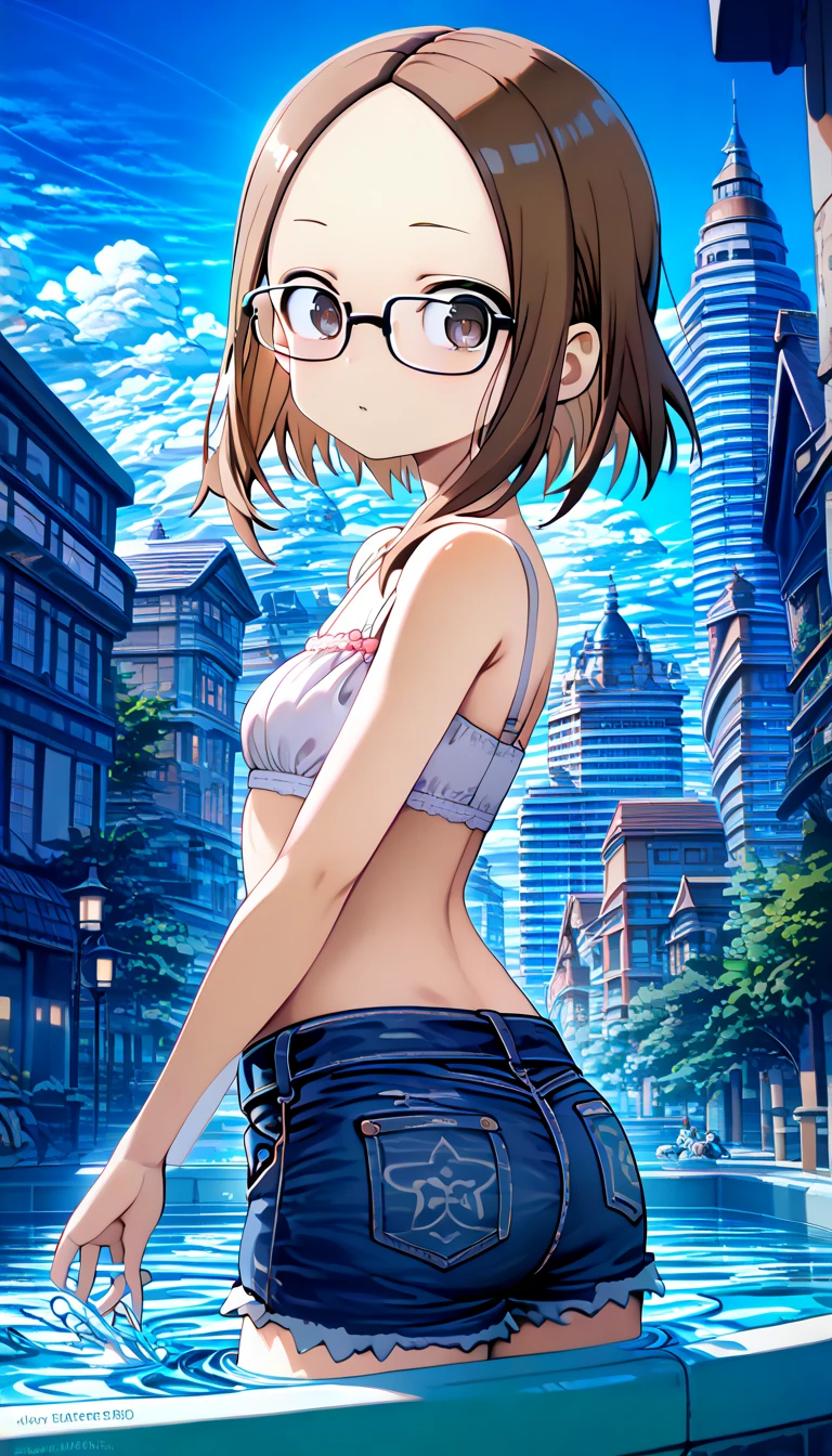 1girl, (((​masterpiece))), top-quality, top-quality, High Details, Hirasawa Yui, 1girl, two yellow hairpin, glasses, short hair, A brown-haired, brown-eyed, 独奏, Beach clothes, underwear, bikini, full body, full image, rainy weather, illustratio, comic strip, soothing tones, Subdued Color, Soft cinematic light, adobe lightroom, photolab, HDR, intricately and hyper-detailed、(((depth of fields))))。(((​masterpiece)))。(((top-quality))).)((ultra-detailliert)))。(((illustratio)))。(((takeout))).dynamic focus.big breasts.(((Skyscrapers))).(((A city scape))).(((Face of happiness))). open mouth.(((put hands on the hip))).(((up chest))).((afternoon glow)).((the setting sun)).