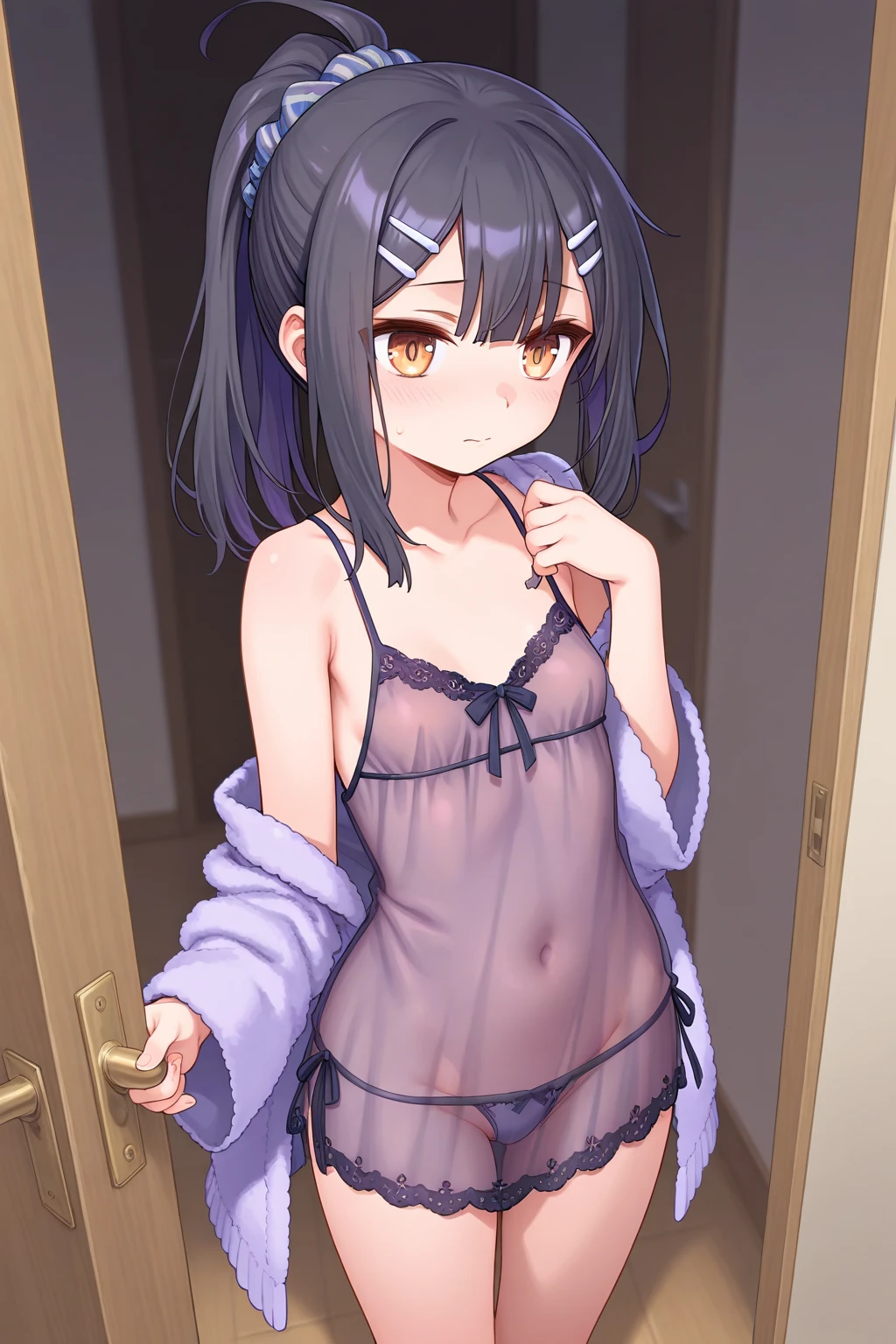 highest quality、Highest quality、Beautiful eyes、Very delicate and beautiful、Beautiful eyes、Pink Eyes、Soio、Soio、11-year-old girl、Japanese、、Chiquita、Noble、Primary school students、Black Hair、barefoot、(Judo)、(((Pink leotard)))、(High leg)、Tiara on head、smile、Standing, facing forward、The background is the changing room