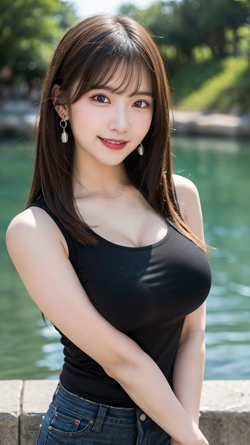 ((best quality, 8k, masterpiece :1.3)),(actual, lifelike:1.4), original photo, high resolution,sit on the floor, Beautiful woman,Have a perfect body :1.4, ((Large Breasts:1.6)),Black dress,In the woods,Upper body photography,Smile,eyes looking at camera,character-centered,Long-distance shooting,