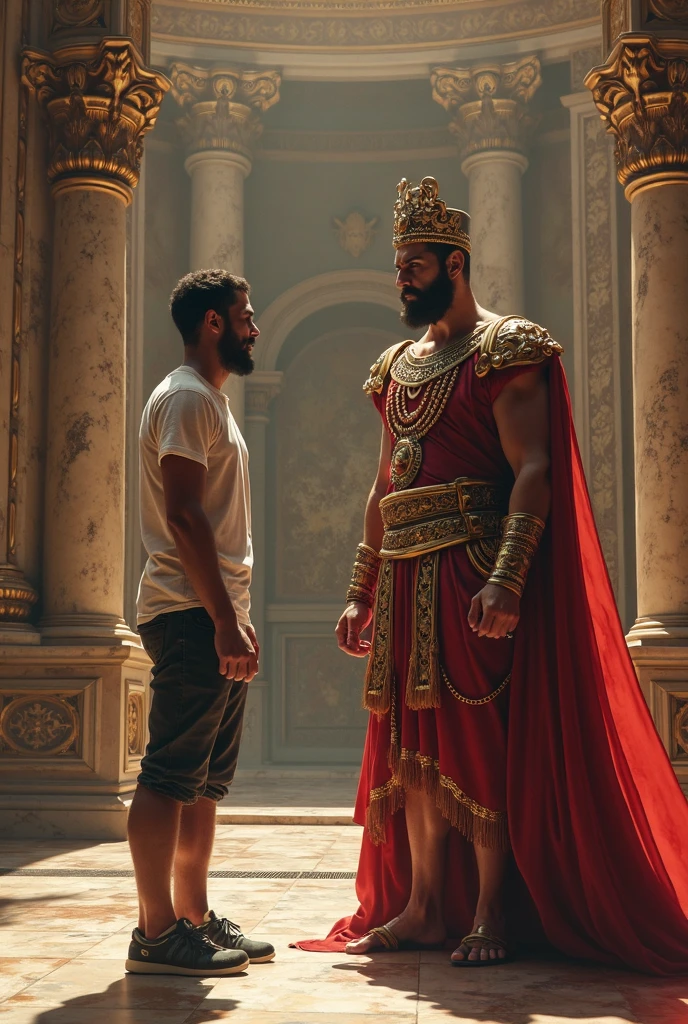 Create an image of a regal figure walking confidently down a parade route, dressed in absurdly minimal clothing that leaves him embarrassingly exposed. Behind him, a procession of royal attendants and musicians follow, all smiling and cheering, while a child points out the king's lack of attire, standing out in the crowd with a look of innocent truth.