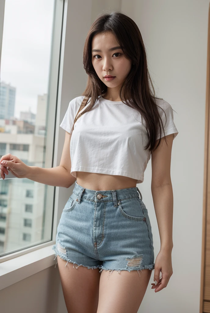 Girl in white OK and tight denim skirt posing for photo, whole body, Paired with a short T-shirt, OK, slim, Smaller bust, Slim girl model, 24-year-old female model, lying on construction site, A group of black people watched