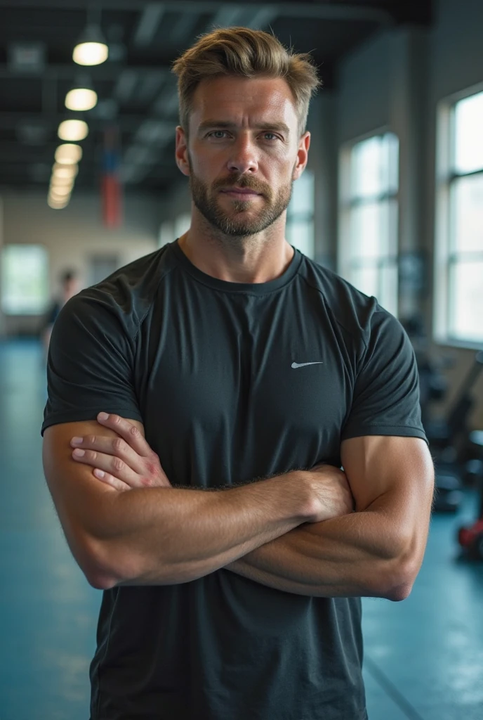 Hot shirtless Elon Musk with defined physique aesthetic in front of a large company building 
